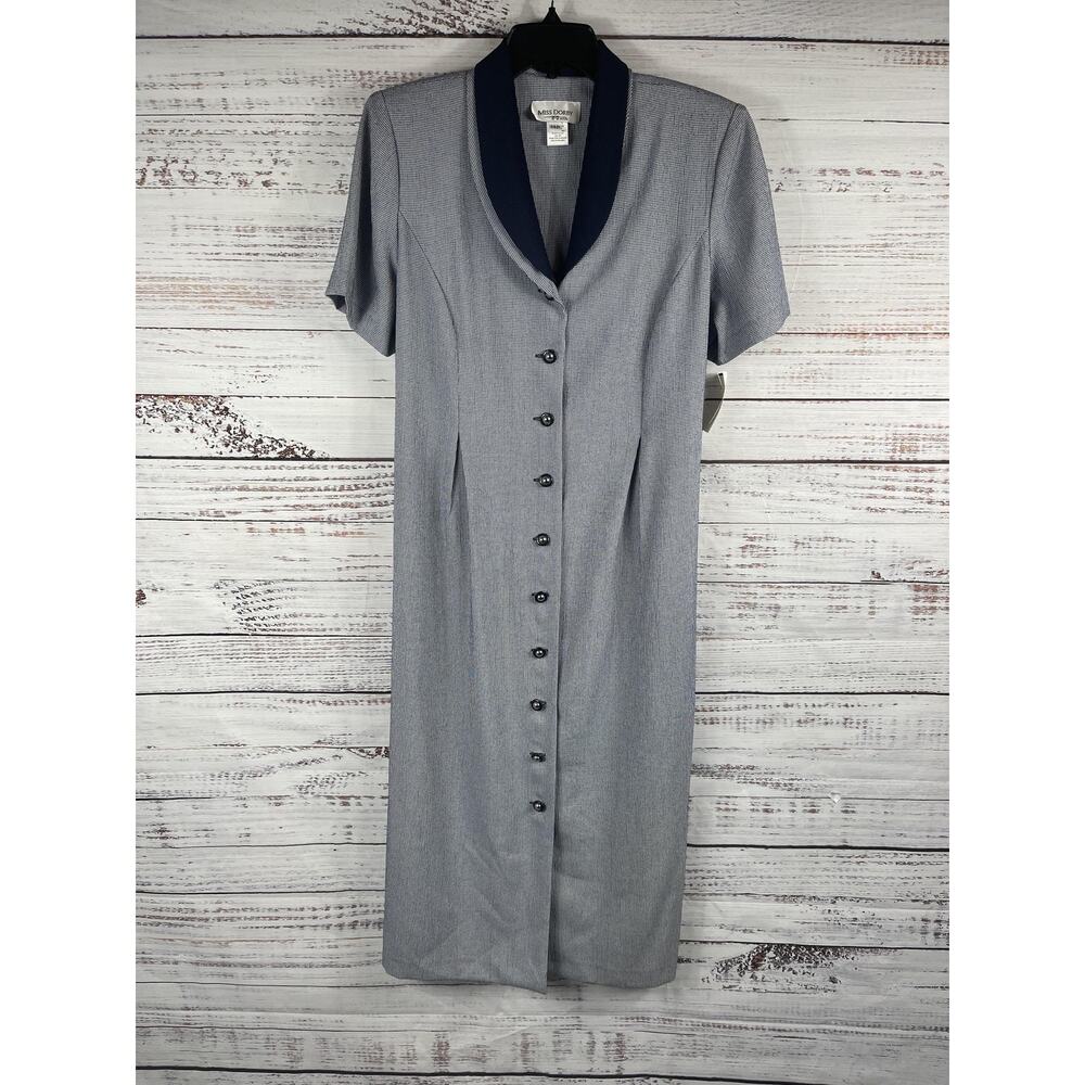 Miss Dorby Petite Dress Women's 14P Navy White Button Front Shawl Collar Midi